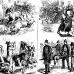 Distressed woman with child during historical crisis, sketch style illustration.